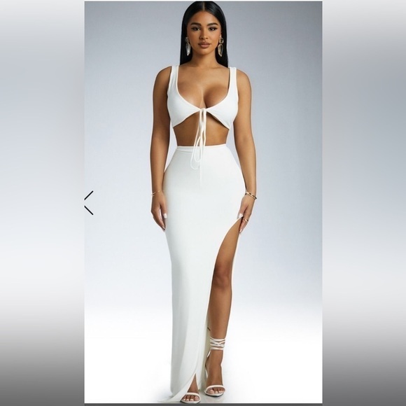 NAKED WARDROBE White High Rise Fitted Maxi Skirt w/ Rounded Slit DoubleLined - Picture 7 of 7